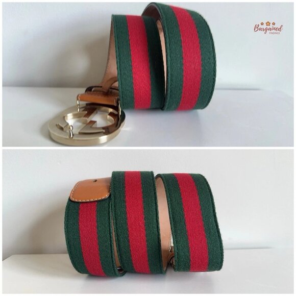 Authentic Gucci Red/Green Web Leather Gold Interlocking G Buckle Belt 90/36 - Picture 10 of 13